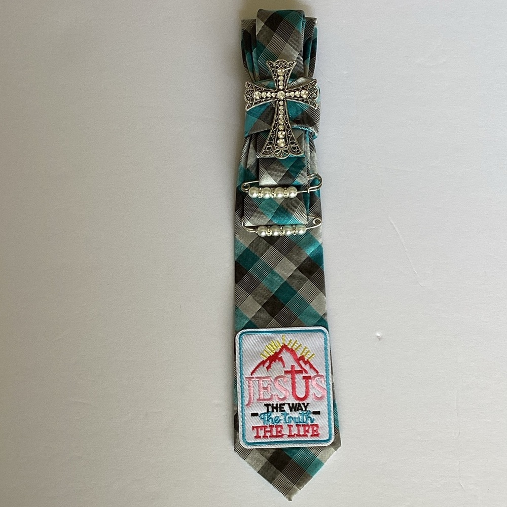 Positive Vibe Junkie Tie: Plaid Teal and Gray Tie with Cross and Pearl Accents